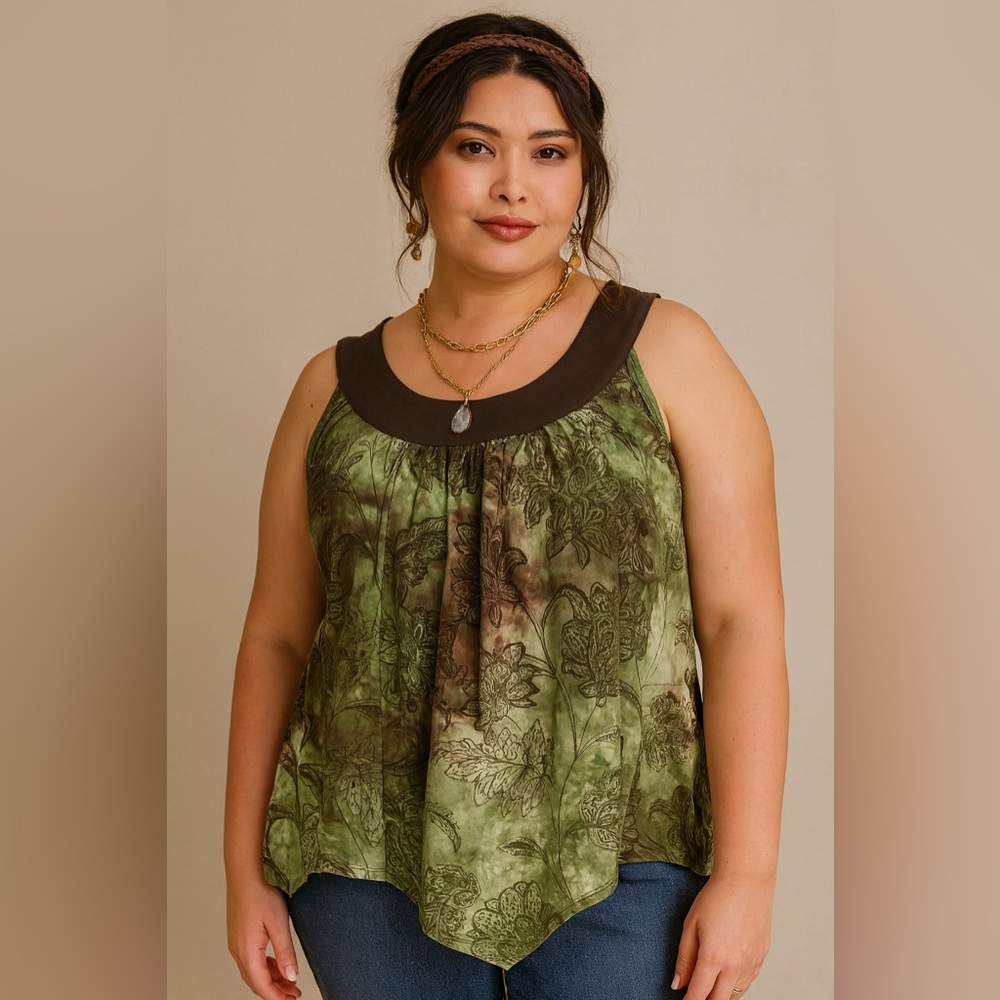Y2K Dress Barn Green Brown Tie Dye Velvet Floral Fairy Grunge Tank Flowy‎ Blouse